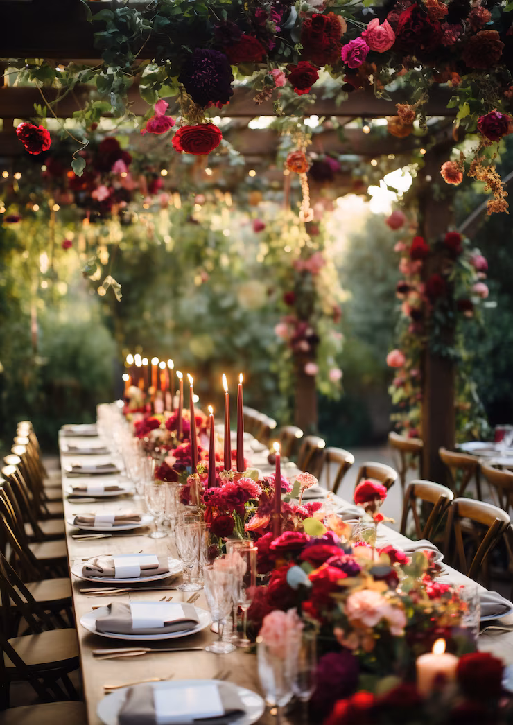 Luxurious table arrangement with red roses and warm candles