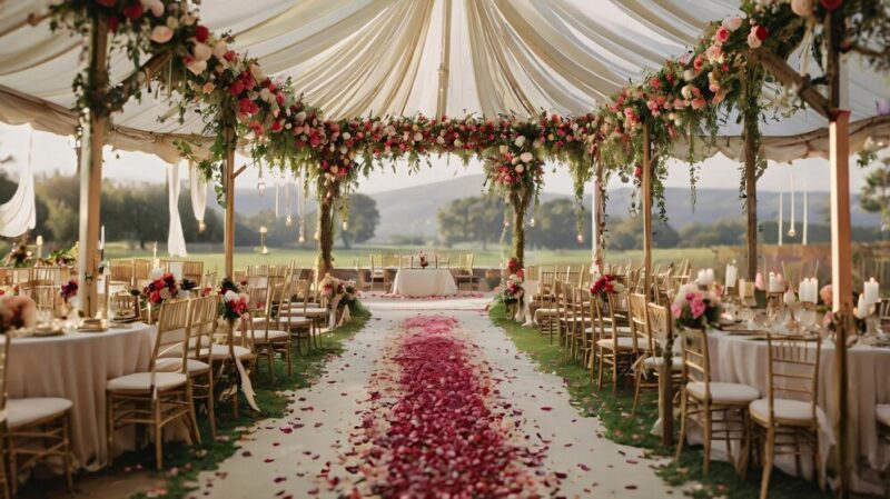 White tent ballroom with floral arrangements and gold chairs